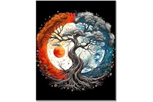 TISHIRON Paint by Numbers for Adults Yin Yang Tree DIY Oil Hand Painting with Brushes Red Blue Tree of Life Adults Paint by Number Kits Moon Sun Art Crafts 16"x20"(Frameless)