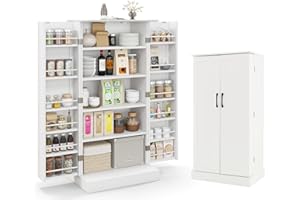 KOMFOTTEU Armario de Almacenamiento con Doble Puerta, Aparador de Cocina con 16 Estantes, Mueble Auxiliar de Madera Antivuelco, Armario de Despensa para Salón, Comedor, 60 x 40 x 120 cm, Blanco