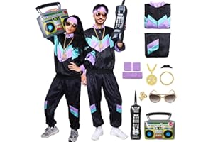 ANSAMY Disfraz de Chándal Años 80, Accesorios Ropa Chándal Años 80 con Teléfono, Radio, Gafas, Diadema, Collar, Anillo y Pulsera para Rockstar, Carnaval, Halloween Temática Fiestas Disfraz de Neón
