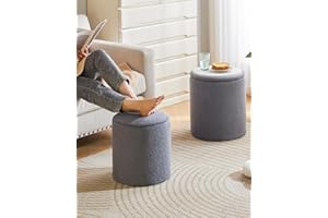 IBUYKE Teddy Velvet Makeup stołki zestaw 2 okrągłych stołków otomańskich z miejscem do przechowywania, nowoczesny wyściełany stolik kawowy - wielofunkcyjne nóżki do salonu i sypialni szare WBD015G