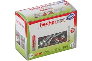 fischer DuoPower 5 x 25 S PH, powerful universal plug with panhead screw, intelligent 2-component technology for fastenings in concrete, bricks, stone, gypsum plasterboard, etc., 50 plugs & 50 screws