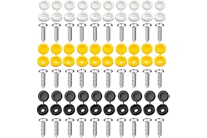 BPTZYLN 60 PCS Number Plate Screws and Caps,30 Screws and 30 Caps,Number Plate Screw Caps Fixing Fitting Kit, White Yellow & Black Caps,Car License Plate Fixing Fitting Kit Car Number