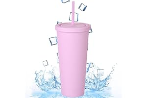 CXAFQ Vasos plastico, Vasos de agua de plástico con tapas y pajitas, Reutilizables Vasos, Bebidas frías, hogar, oficina, taza de café para coche, 700ml (Rosa)