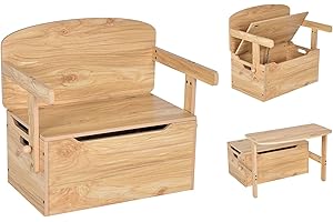 RELAX4LIFE 3 en 1 Baúl Juguetes Infantil de Madera, Juego de Mesa y Silla Infantil con Banco Convertible, Caja Almacenaje, Respaldo y Reposabrazos, Mesa y Sillas para Niños 3-7 Años (Natural)