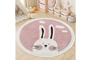 ‎AIMECO AIMECO Kinderteppich Rund 120CM Weicher Kuscheliger Carpet Wohnzimmer Teppichen Mädchen Schlafzimmer Kinderzimmer Dünn Pflegeleicht Teppiche Motiv Kaninchen-Rosa