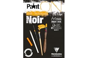 Clairefontaine - Ref 975169C - Paint'ON Multi-Technique Black Paper Pad (20 Sheets) - A4 Size, 250gsm Heavyweight Paper, Slight Rough Grain, Acid Free, pH Neutral