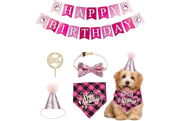 Dog Birthday Decorations, 5-Piece Party Set with Banner, Bow Tie, Hat, Scarf and Sign for Pet Celebrations, Dog Accessories Perfect for Social Media Photos and Birthday Parties
