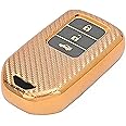 JVCV® Soft TPU Carbon Fiber Style Car Key Cover Compatible with Honda City, Elevate, Civic, Jazz, Amaze, CR-V, WR-V, BR-V 3 Button Push Button Start Smart Key (Gold)