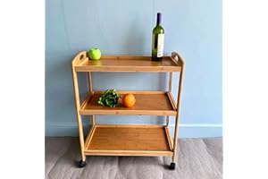 FEFE® Bamboo 3 Tier Kitchen Storage Organiser Rack Serving Trolley Island Cart With Wheels, 60.5 x 33 x 73cm (LK2005-DG-SAF-2022)
