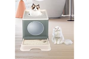 XDAILUYYDS Bac à Litière Pliable pour Chaton avec Couvercle, Bac à Litière pour Chat avec Pelle Incluse, Litiere pour Chat Fermée, Plateau Amovible, 2 Ouvertures 48 * 39 * 34cm(Gris (Cercle))