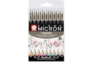 SAKURA Pigma Micron 05 Pointe Callibrée Set de 9 couleurs | Encre résistante à l'eau, taille 05 (0.45 mm) | Stylos pour l'écriture, le dessin et le journaling
