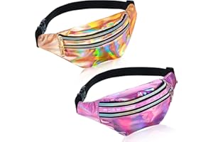 Gosure Holographic Waist Bag 2 Pack Bumbag Waist Bag,Running Waist Fanny Pack for Men Women, Adjustable Belt Waist Packs for Rave Sport Hiking Travel (09 Rose Gold, Pink)