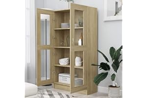 Homgoday Vetrina in vetro con 4 scomparti 2 porte, vetrina soggiorno, mobile soggiorno, credenza sala da pranzo, credenza cucina vetrina in legno ingegneria rovere Sonoma 82,5 x 30,5 x 150 cm