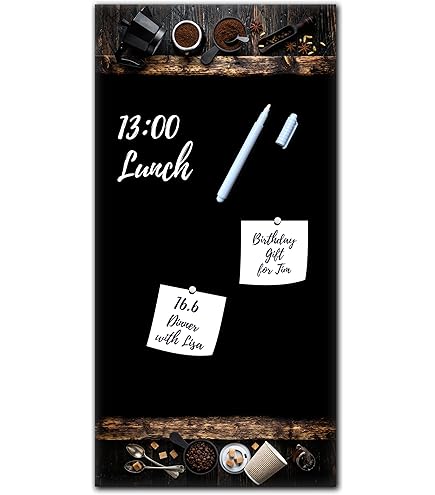 Memoboard Black Coffee L 30 x 60 cm | Magneetbord van glas om staand te beschrijven | Optimaal geschikt voor keuken en eetkamer als functionele blikvanger | koffiehouten lepel suiker zwart