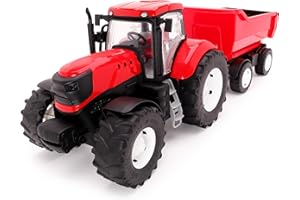 Toyland® 58cm (23") Red Tractor & Trailer With Opening Doors & Lifting Trailer - 1:16 Scale - Toy Farming Vehicles