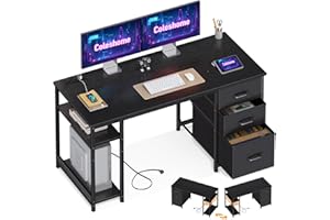 ‎COLESHOME Coleshome Schreibtisch mit Stoff Schubladen, 130x48cm Computertisch 2 Steckdosen und 2 USB Ladeanschluss, PC Tisch mit Regal Reversible Bürotisch für Büro, Wohnzimmer, Schwarz