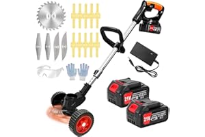 BFCJSZWACKER Decespugliatore Tagliabordi a Batteria 21V, Tagliaerba Elettrico da Giardino con 2 2.0Ah Batterie e 4 Tipi di Lame, Ruote Rimovibili, Maniglia Regolabile Decespugliatori per Prati, Arbusti