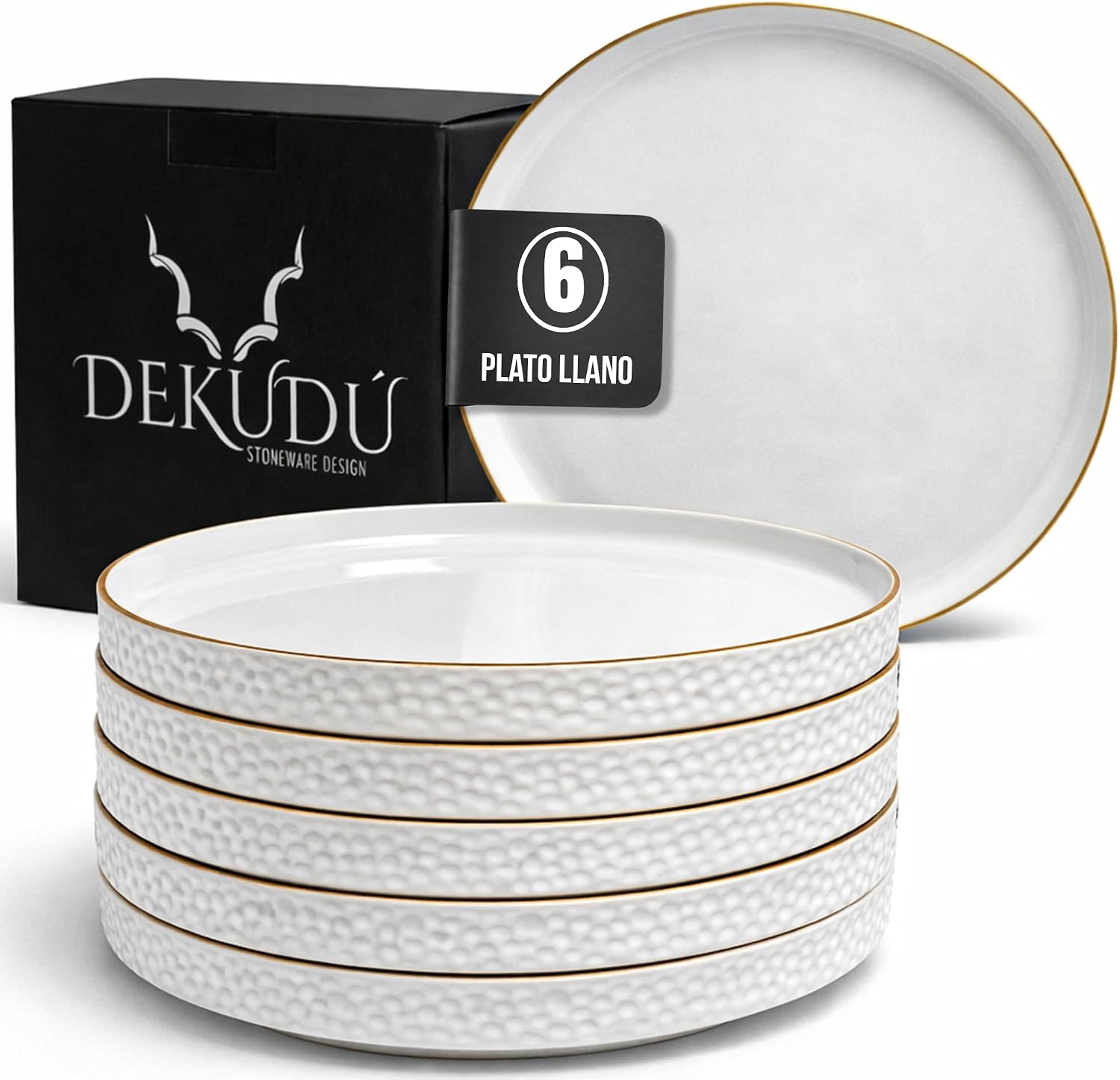 DEKUDÙ Platos Vajilla Platos Llanos Ceramica de Gres de Calidad - Fabricados a Mano - 6 Piezas de 25,5cm - Gran Dureza Aptos Lavavajillas Microondas - Estilo Moderno - Color Blanco