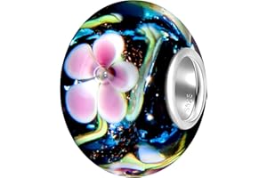 Andante-Stones perle en verre Bead SEALIFE Argent 925 Sterling massif bleu foncé avec fleurs roses Charm pour bracelets et colliers européens + Étui en organza
