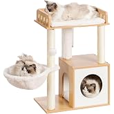 Heybly Cat Tree, Wooden Column with Platform 30 x 50 cm, Poteau with Panier for Cats, 2 Sisal Posts, Stable, Suitable for Sma