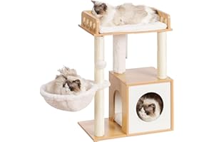 Heybly Árbol para Gatos, Columna De Madera con Plataforma 30 x 50 cm, Poteau con Panier para Gato, 2 Postes De Sisal. Estable, Apto para Gatos Pequeños Y Medianos, Bois de Noyer HCT007SWB