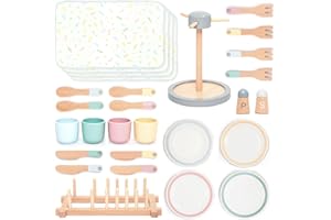 UMU Grande set di stoviglie in legno – Servizio da tavola da 28 pezzi per cucina bambini con piatti, tazze, posate e supporto – accessori da cucina per cucina giochi – stoviglie gioco di ruolo a