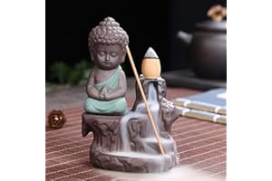 SKINGHONG Soporte para quemador de incienso de reflujo, para conos de incienso, pequeño monje, Buda, cascada, quemador de incienso, cerámica para salón, regalo de yoga, (verde)