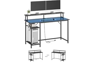 KIMENICH Bureau d'ordinateur avec LED, Table de Jeu avec Prise de Courant, Bureau avec Support pour écran, 2 Crochets, étagères réglables, pour la Maison, Le Bureau, 120 cm, Noir