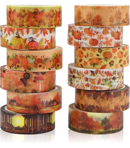 Whaline 12 Rolls Fall Washi Tape Autumn Pumpkin Plaid Truck Washi Tape Cyan Orange