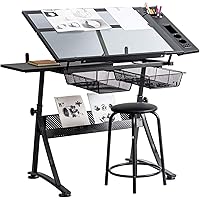 Dawoo Glas Höhenverstellbare Schublade Desktop-Maltisch Mit 2 Ausziehbaren Mesh-Schubladen, Geeignet Für Kinder Und…