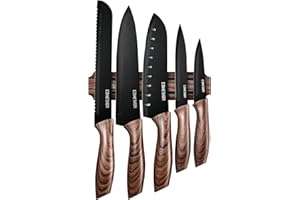 LINOROSO Lot de 5 Couteaux de Cuisine de Petit-déjeuner Avec Porte-couteaux Magnétique Anti-adhésif Ultra Tranchant Résistant à l'usure - Noir