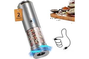 CIRCLE JOY Ricaricabile Macinapepe Elettrico in Acciaio Inossidabile con Contenitore Trasparente da 95ml, Luce LED Bianca, Grossolanità Esterna Regolabile e 2 Velocità di Macinatura, Argento