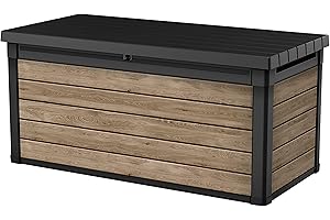 Keter Signature 570L Outdoor Storage Box – Ashwood Brown | Lockable Weatherproof Garden Deck Box & Bench | Wood-Effect Finish | Hydraulic Lid | Seats 2 Adults | Durable Resin Construction