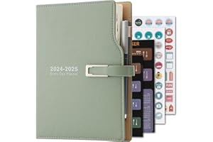 HOLDERZWU Academic Diary 2024-2025,from Jul 2024-Jun 2025 A5 Day to Page,Schedule Organizer with Calendar Stickers, Agenda Diary Planner with Pen Holder and Pen,Premium Thicker Paper 14 X 21.5 cm (Green)