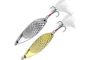 BLACKWATER 2 Pack Gold Silver Fishing Spoon Lure Brass Spinner Salmon Sea Trout Pike Feather Golden White Feathered Tail Bucktail Long Cast Trebble Hook Wedge Sprat Pollock Mackerel Wedged Spoon 20 Gram