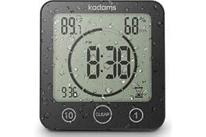 KADAMS Digital Bathroom Shower Kitchen Clock Timer with Alarm, Waterproof for Water Splashes, Visual Countdown Timer, Time Management Tool, Indoor Temperature Humidity, Suction Cup, Hole Stand - Black