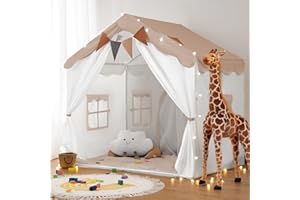 2 in 1 Tenda per Bambini besrey, Tenda Casetta da Gioco con 2 Porte e 4 Finestre, Tenda da Gioco per Bambini Interni ed Esterni con Tappetino Imbottito, Luci Fatate e bandierine (Marrone chiaro)