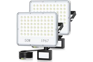 YIQIBRO Faretto LED da Esterno con Sensore di Movimento 50W 5000LM - 7000K Bianco Freddo Faro LED Esterno con Sensore Movimento, IP67 Faro a LED con Sensore di Movimento per Giardino Garage Tetto(2 Pezzi)