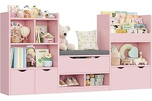 ‎FOREHILL FOREHILL Regał do przechowywania zabawek dla dzieci z ławką do przechowywania, 183,5 cm, regał na książki, regał na zabawki, 3 szuflady na kółkach, 7 otwartych półek, do pokoju zabaw, przedszkola