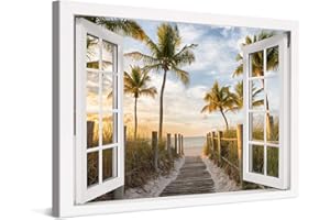 PICANOVA – Cuadro Sobre Lienzo Palm Path to the Sea Window 60x40cm – Impresión En Lienzo Montado Sobre Marco De Madera (2cm) – Disponible En Varios Tamaños – Colección Playas