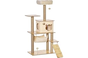 PawHut Albero Tiragraffi Multilivello con Casetta, Amaca, Scaletta e Corde in Juta, Rivestimento Peluche, 60x40x130cm, Giallo