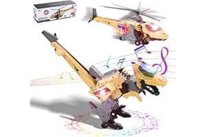 colmanda Juguetes de Dinosaurio Transformador, 2 en 1LED Dinosaurios​Juguetes Niños, Transform Coche Juguetes para Coche con Luces y Música, Transformer Dinosaurio Niños Juguetes Regalos (Caqui)