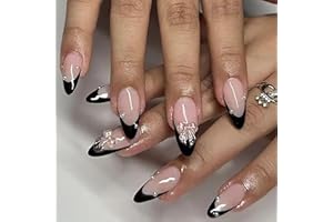 Irikdescia 24 błyszczące paznokcie w kształcie migdała do przyklejenia, z kokardką, w perłowo-czarnym kolorze, eleganckie francuskie tipsy