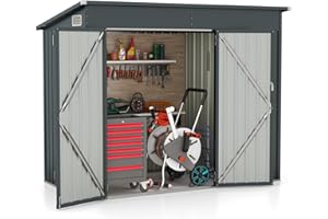 COSTWAY Gartenhaus Metall, 235 x 117 x 185 cm, Gerätehaus mit Vordertür & Seitentür & Pultdach, Geräteschuppen abschließbar, Gartenhütte Gartenschuppen, Garten Schuppen Outdoor (Dunkelgrau)