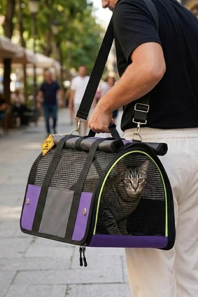 Reyo Brave Paws Flybag Plastik Yırtılmaz Fileli Kedi ve Köpek Taşıma Çantası Seyahat Çantası Mor 45x25x26cm Havayolu Uçuş Standartlarına Uygun