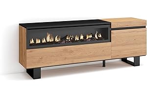 Skraut Home | Mueble TV | Televisión | Muebles de salón, almacenaje | 150x57x35cm | para TV hasta 65" | Chimenea eléctrica | Diseño Industrial | Estilo Moderno | Roble y Negro