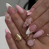 Zosutetoxo 24 Stück ongles à presser en forme d'amande avec design de fleurs 3D, ongles french tip à coller avec finition bri