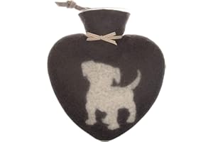 Wärmflasche/Herzwärmflasche 0,8 Liter mit Bezug aus Merinowolle gefilzt grau mit weißem Puppymotiv von Dorothee Lehnen