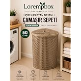 Lorempbox 50 Litre &Uuml;&ccedil;gen Rattan Desenli &Ccedil;amaşır Sepeti K&ouml;şe Uyumlu Bej | İ&ccedil; Mekan Kullanımı, Taşınabilir
