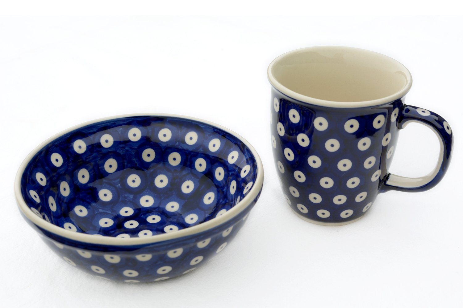 Bunzlauer Keramik Manufaktura Hand-Decorated Polish Pottery Manu Faktura Set K 081 M 220 ml [089 Mars with Cereal Bowl Mug, Bowl, Cobalt Blue, 15 cm, 2 Units